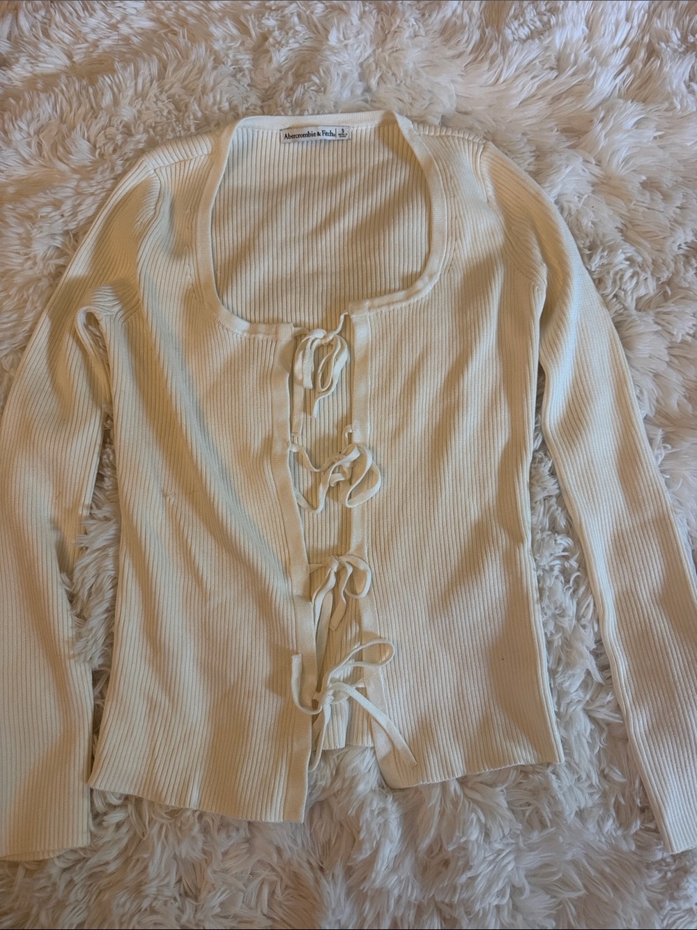Abercrombie & Fitch Cream Ribbed Tie-Front Long Sleeve Top